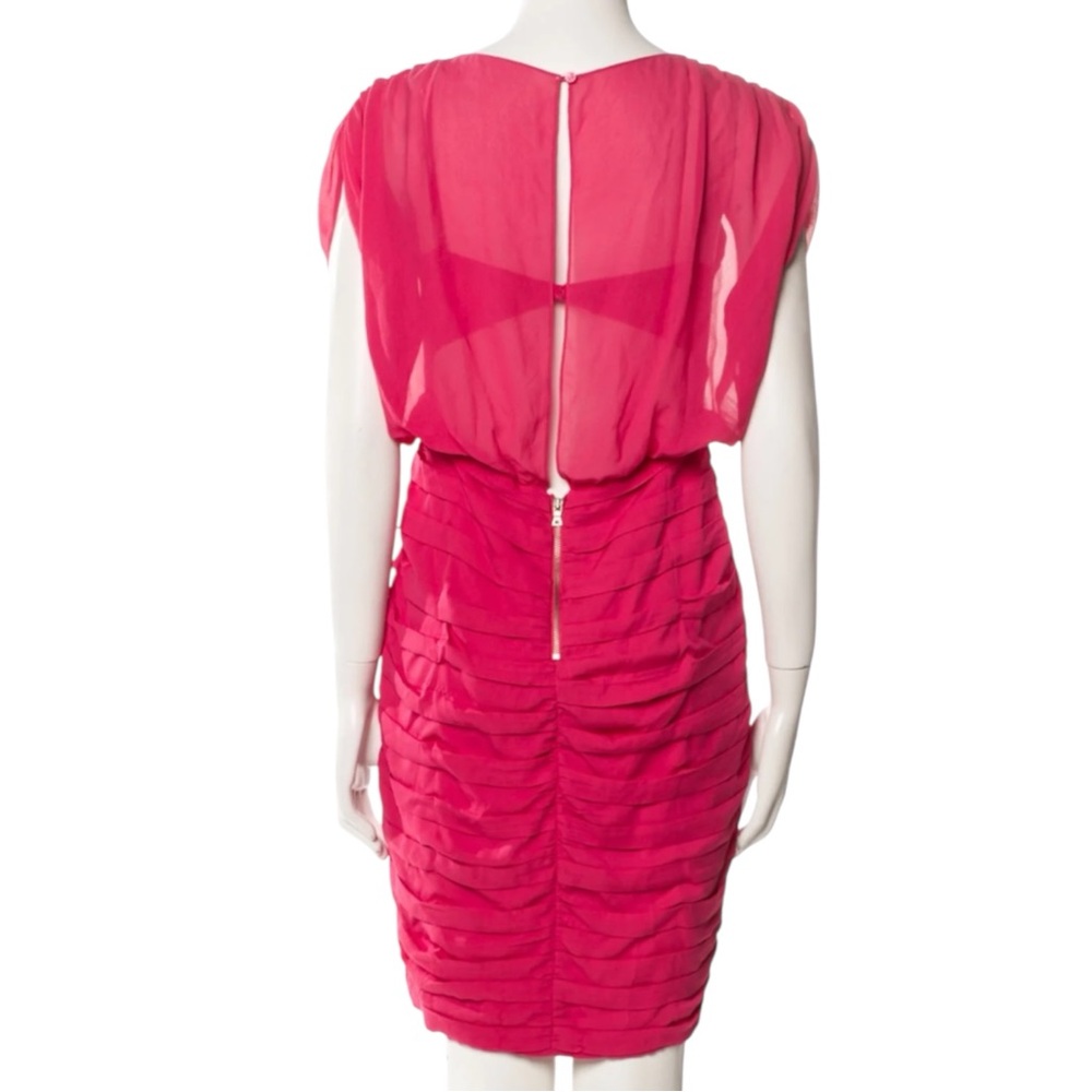 ALICE + OLIVIA 100% Silk Strawberry Pink Ruched Cocktail Mini Dress Size M - Picture 4 of 11